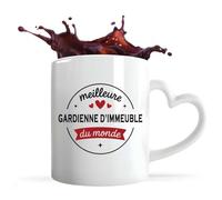 Tasse Coeur de la Meilleure Gardienne d'immeuble du monde 1- Mug avec une anse coeur - Idée Tasse Coeur Personnalisable Cadeau Anniversaire Fête Original Famille Travail Départ Collègue Retraite Noël.