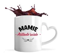 Tasse Coeur d'une Mamie Assistante sociale - Mug avec une anse coeur - Idée Tasse Coeur Personnalisable Cadeau Anniversaire Fête Original Famille Travail Départ Collègue Retraite Noël.