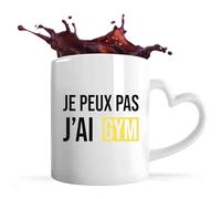 Tasse Cœur Je peux pas j’ai gym | Mug | Idée Tasse Personnalisable en forme de Cœur Cadeau Anniversaire Fête Original Famille Travail Départ Collègue Retraite Noël.