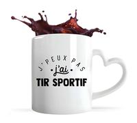 Tasse Cœur J'peux Pas j'ai Tir Sportif | Mug avec anse en forme de Coeur | Idée Cadeau Précision Arme Sport Humour Original Anniversaire