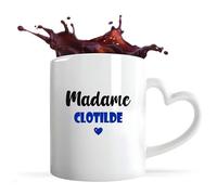 Tasse Cœur Madame Clotilde | Mug | Idée Tasse Personnalisable en forme de Cœur Cadeau Anniversaire Fête Original Famille Travail Départ Collègue Retraite Noël. (Bleu)
