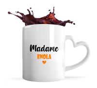 Tasse Cœur Madame Enola | Mug | Idée Tasse Personnalisable en forme de Cœur Cadeau Anniversaire Fête Original Famille Travail Départ Collègue Retraite Noël. (Orange)