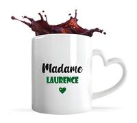 Tasse Cœur Madame Laurence | Mug | Idée Tasse Personnalisable en forme de Cœur Cadeau Anniversaire Fête Original Famille Travail Départ Collègue Retraite Noël. (Vert)