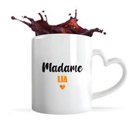Tasse Cœur Madame Lia | Mug | Idée Tasse Personnalisable en forme de Cœur Cadeau Anniversaire Fête Original Famille Travail Départ Collègue Retraite Noël. (Orange)