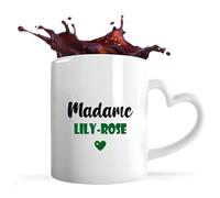 Tasse Cœur Madame Lily-Rose | Mug | Idée Tasse Personnalisable en forme de Cœur Cadeau Anniversaire Fête Original Famille Travail Départ Collègue Retraite Noël. (Vert)