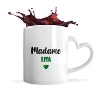 Tasse Cœur Madame Lisa | Mug | Idée Tasse Personnalisable en forme de Cœur Cadeau Anniversaire Fête Original Famille Travail Départ Collègue Retraite Noël. (Vert)
