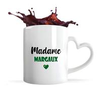Tasse Cœur Madame Margaux | Mug | Idée Tasse Personnalisable en forme de Cœur Cadeau Anniversaire Fête Original Famille Travail Départ Collègue Retraite Noël. (Vert)
