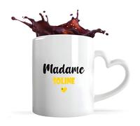 Tasse Cœur Madame Soline | Mug | Idée Tasse Personnalisable en forme de Cœur Cadeau Anniversaire Fête Original Famille Travail Départ Collègue Retraite Noël. (Jaune)