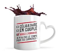 Tasse Cœur Tasse Coeur Célibataire, En Couple, Boule Lyonnaise | Mug avec anse en forme de Coeur | Idée Cadeau Boules Terrain Sport Humour Original Anniversaire