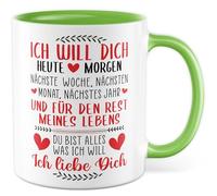 Tasse d'amour avec inscription en allemand « Geschenk Ich will dich heute und für den Rest meines Leben » - Tasse à café en céramique - 330 ml - Tasse à café humoristique