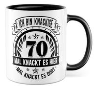 Tasse d'anniversaire avec inscription en allemand « Ich bin knackige 70 » - mal knackt es hier - mal knackt es dort - Tasse à café 330 ml en céramique - Tasse à café pour anniversaire 70 ans