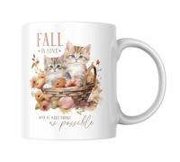 Tasse d'automne motif chat - Fall in love - Design rétro littéraire vintage rétro - Tasse à café aquarelle - Cadeau pour les amoureux des chats et les amateurs d'automne - Motif avec chats et