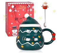 Tasse de Café de Noël 500ml en Céramique - Couvercle, Cuillère et Motif Père Noël - Cadeau Xmas pour Boissons Chaudes et Froides