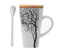 Tasse De Café en Céramique Créatives, Tasse à Café en Relief avec Couvercle et Cuillère en Bois, Tasse à Thé au Lait de Grande Capacité, Cadeau Parfait pour des Amants de Café, Femmes, Famille(16.5oz)