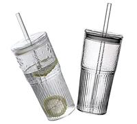 tasse de café en verre, 2 pcs en verre tasses avec couvercles et pailles tasses à café transparent jus de thé à bulles rayures lait 600 ml