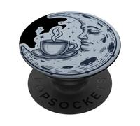 Tasse de café, thé, Vagues de mer, Lune et Visage Humain PopSockets PopGrip Adhésif