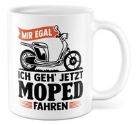 Tasse de cyclomoteur avec inscription en allemand « Geschenk Mir egal ich geh jetzt Moped fahren » - Tasse à café en céramique 330 ml - Idée cadeau pour les amateurs de cyclomoteurs