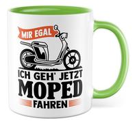 Tasse de cyclomoteur avec inscription en allemand « Geschenk Mir egal ich geh jetzt Moped fahren » - Tasse à café en céramique 330 ml - Idée cadeau pour les amateurs de cyclomoteurs