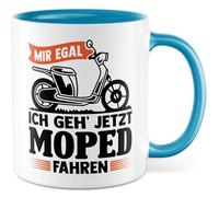 Tasse de cyclomoteur avec inscription en allemand « Geschenk Mir egal ich geh jetzt Moped fahren » - Tasse à café en céramique 330 ml - Idée cadeau pour les amateurs de cyclomoteurs