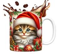 Tasse de Noël 3D en Céramique - Gobelet à Café avec Chat & Bonnet du Père Noël | Mug Amusant pour Petit-Déjeuner ou Tisanes | Excellente Idée Cadeau Amoureux des Chats, Capacité 350ml