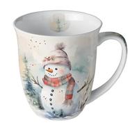 Tasse de Noël bonhomme de neige avec plaisir en porcelaine. Tasse à motif pour la table dressée et comme cadeau, 0,4 l x H 10,5 cm