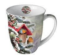Tasse de Noël rouge-gorge dans un nichoir d'hiver en porcelaine. Tasse à motif pour la table dressée et comme cadeau, 0,4 l x H 10,5 cm