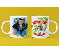 Tasse de petit-déjeuner personnalisée et amusante cadeau pour les frères. - Ici Bebe el mejor Brother del Mundo.- Cadeau original pour homme avec phrase. 350 ml. (frère marron)