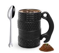 Tasse de pneu 450 ml Tasse à café en céramique avec cuillère Grande tasse à café en porcelaine personnalisée avec anse Tasse de pneu Tasse à boire pour hommes pour anniversaire à Noël Noir