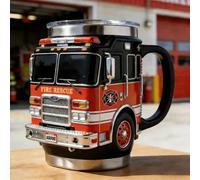 Tasse de pompiers 3D en forme de camion de pompiers isotherme à double paroi en acier inoxydable pour pompiers, cadeau de travail et amateurs de camions de pompiers