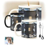 Tasse de tambour vintage noire cadeaux de batterie drôles, tasse à café de batterie de nouvelle créativité 2025, tasse de batterie de jeu de 11 oz tasse en céramique cuillères de note de musique for c