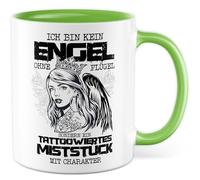 Tasse de tatouage avec inscription en allemand « Ich bin kein Engel ohne Flügel sondern ein tattoowiertes Miststück » - Tasse à café 330 ml en céramique - Tatoueuse sarcasme humour amie collègue