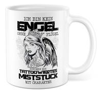 Tasse de tatouage avec inscription en allemand « Ich bin kein Engel ohne Flügel sondern ein tattoowiertes Miststück » - Tasse à café 330 ml en céramique - Tatoueuse sarcasme humour amie collègue
