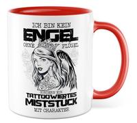Tasse de tatouage avec inscription en allemand « Ich bin kein Engel ohne Flügel sondern ein tattoowiertes Miststück » - Tasse à café 330 ml en céramique - Tatoueuse sarcasme humour amie collègue