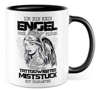 Tasse de tatouage avec inscription en allemand « Ich bin kein Engel ohne Flügel sondern ein tattoowiertes Miststück » - Tasse à café 330 ml en céramique - Tatoueuse sarcasme humour amie collègue