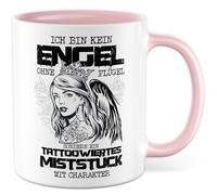 Tasse de tatouage avec inscription en allemand « Ich bin kein Engel ohne Flügel sondern ein tattoowiertes Miststück » - Tasse à café 330 ml en céramique - Tatoueuse sarcasme humour amie collègue