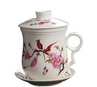 Tasse de Thé en Céramique Ensemble 4 Pièces avec Infuseur, Design Vintage Floral de Pêche Idéal pour Cadeau d’Affaires