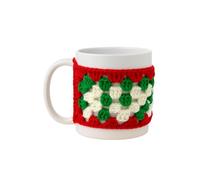 Tasse de vacances faite à la main, confortable, manchon en crochet en rouge, vert et blanc, motif carré grand-mère, 325 ml, taille standard