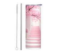 Tasse de voyage droite de 590 ml avec motif escalier de fleurs de cerisier rose, convient pour le camping, le bureau et la maison