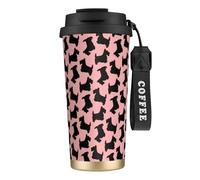 Tasse de voyage écologique en acier inoxydable 316, idéale pour le bureau, le mur, la voiture, avec cordon, motif terrier écossais, rose et noir,Noir