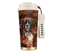 Tasse de voyage écologique en acier inoxydable 316, idéale pour le bureau, le mur, la voiture, le café, avec cordon, motif chiens boxeurs, automne,Blanc