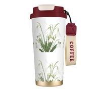 Tasse de voyage écologique en acier inoxydable 316, idéale pour le bureau, le mur, la voiture, le café, avec cordon, motif aquarelle botanique perce-neige,Rouge