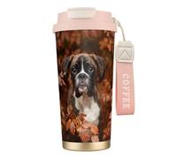 Tasse de voyage écologique en acier inoxydable 316, idéale pour le bureau, le mur, la voiture, le café, avec cordon, motif chiens boxeurs, automne,Rose