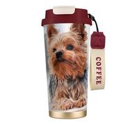 Tasse de voyage écologique en acier inoxydable 316, idéale pour le bureau, le mur, la voiture, le café, avec cordon, motif Yorkshire Terrier, chiens mignons, chiots,Rouge