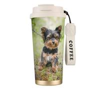 Tasse de voyage écologique en acier inoxydable 316, idéale pour le bureau, le mur, la voiture, le café, avec cordon, motif Yorkshire Terrier, petit chiot, animaux de compagnie, chiens,Blanc
