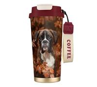 Tasse de voyage écologique en acier inoxydable 316, idéale pour le bureau, le mur, la voiture, le café, avec cordon, motif chiens boxeurs, automne,Rouge