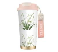 Tasse de voyage écologique en acier inoxydable 316, idéale pour le bureau, le mur, la voiture, le café, avec cordon, motif aquarelle botanique perce-neige,Rose