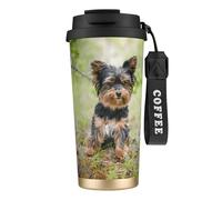 Tasse de voyage écologique en acier inoxydable 316, idéale pour le bureau, le mur, la voiture, le café, avec cordon, motif Yorkshire Terrier, petit chiot, animaux de compagnie, chiens,Noir