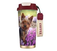 Tasse de voyage écologique en acier inoxydable 316, idéale pour le bureau, le mur, la voiture, le café, avec cordon, motif Yorkshire Terrier,Rouge