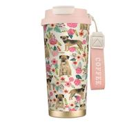 Tasse de voyage écologique en acier inoxydable 316, idéale pour le bureau, le mur, la voiture, le café, avec cordon, motif Border Terrier, motif floral, crème,Rose