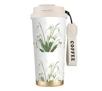 Tasse de voyage écologique en acier inoxydable 316, idéale pour le bureau, le mur, la voiture, le café, avec cordon, motif aquarelle botanique perce-neige,Blanc
